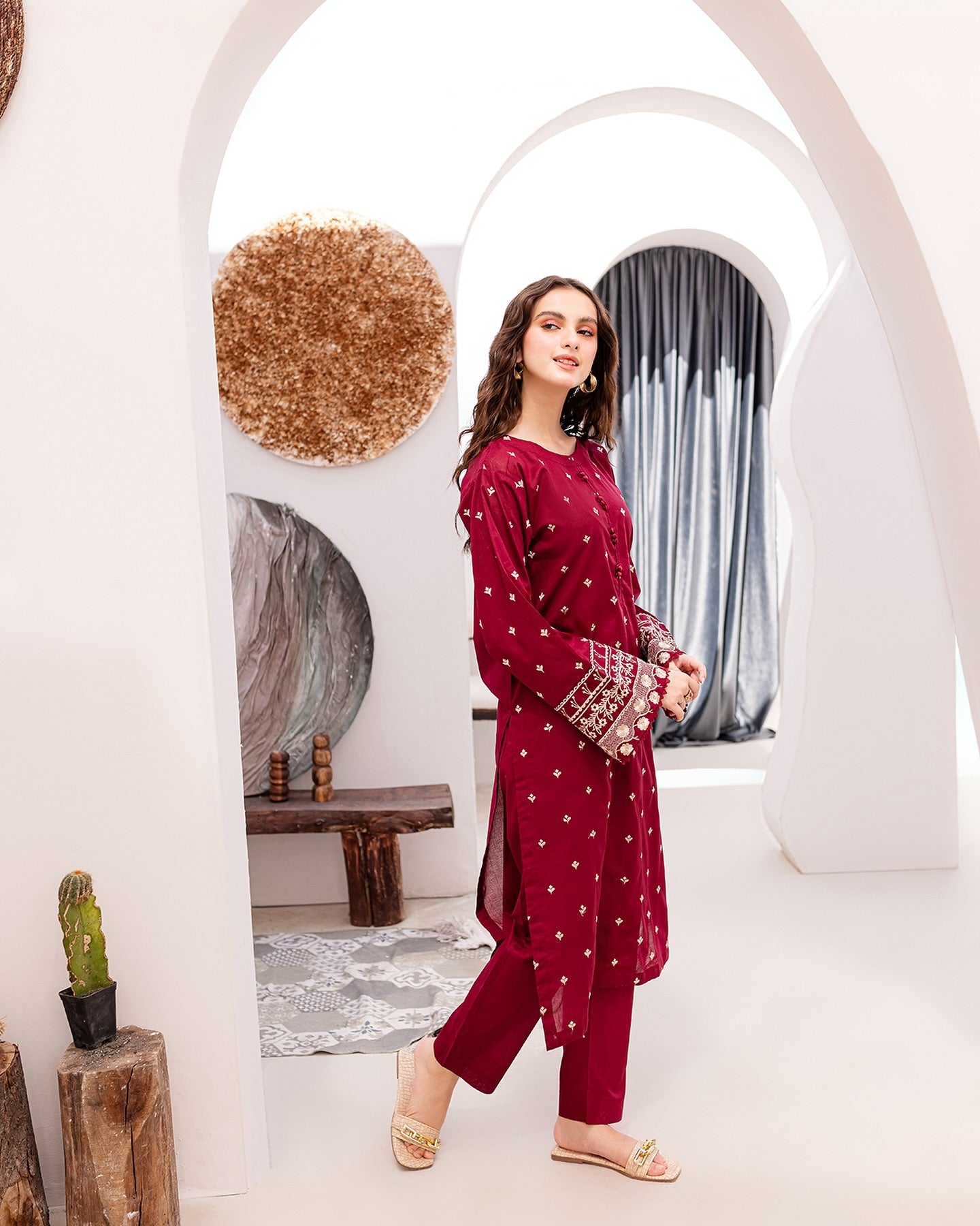 POP GARNET RED Embroidered 2Pc Stitched Dress Premium Dhanak.