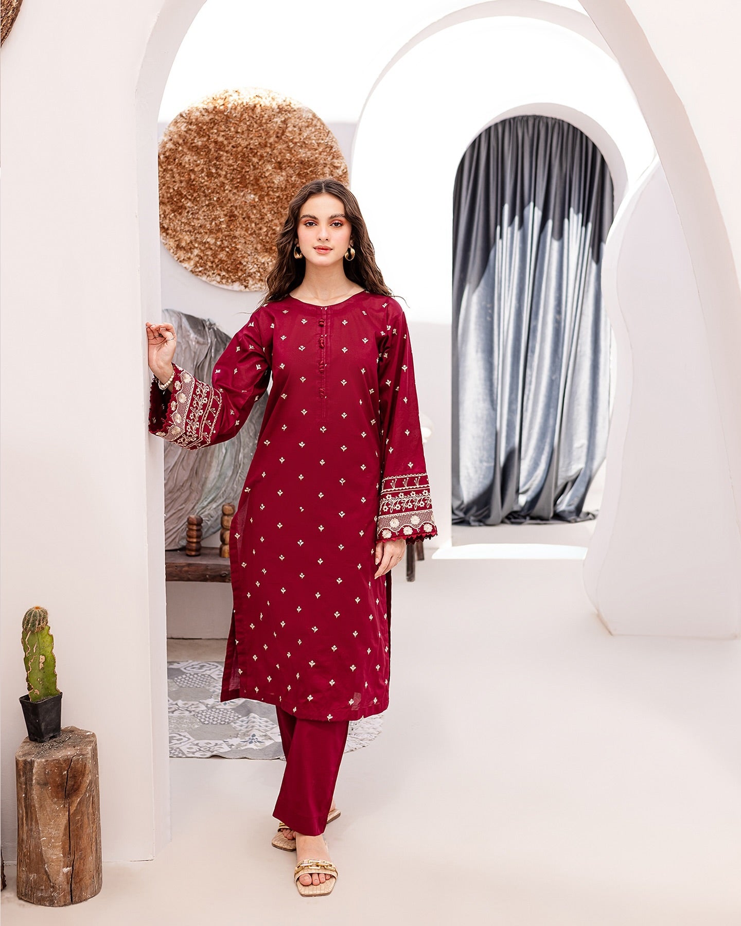 POP GARNET RED Embroidered 2Pc Stitched Dress Premium Dhanak.
