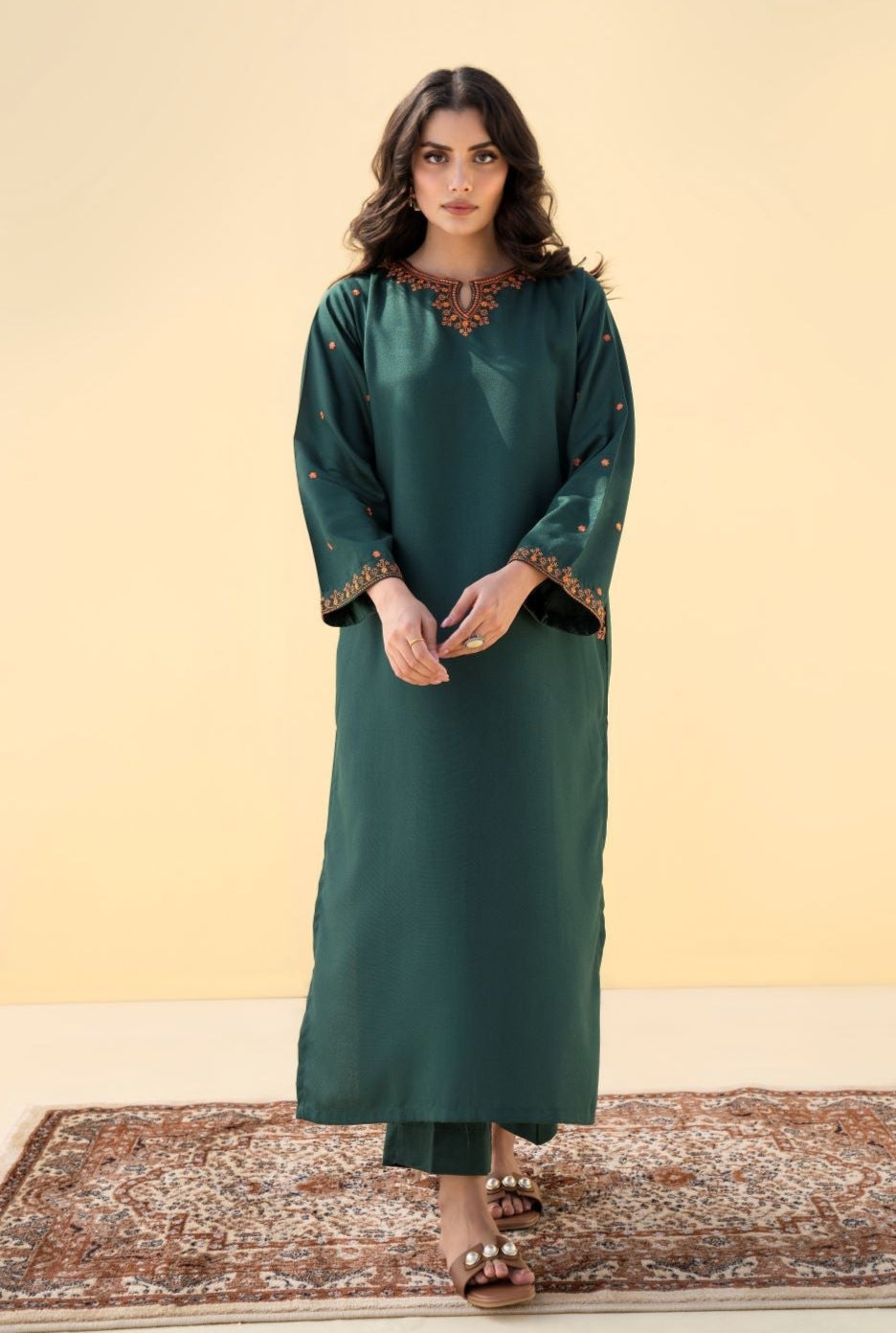 FOREST GREEN 2PCS Embroidered Stitched Dress Premium Linen.