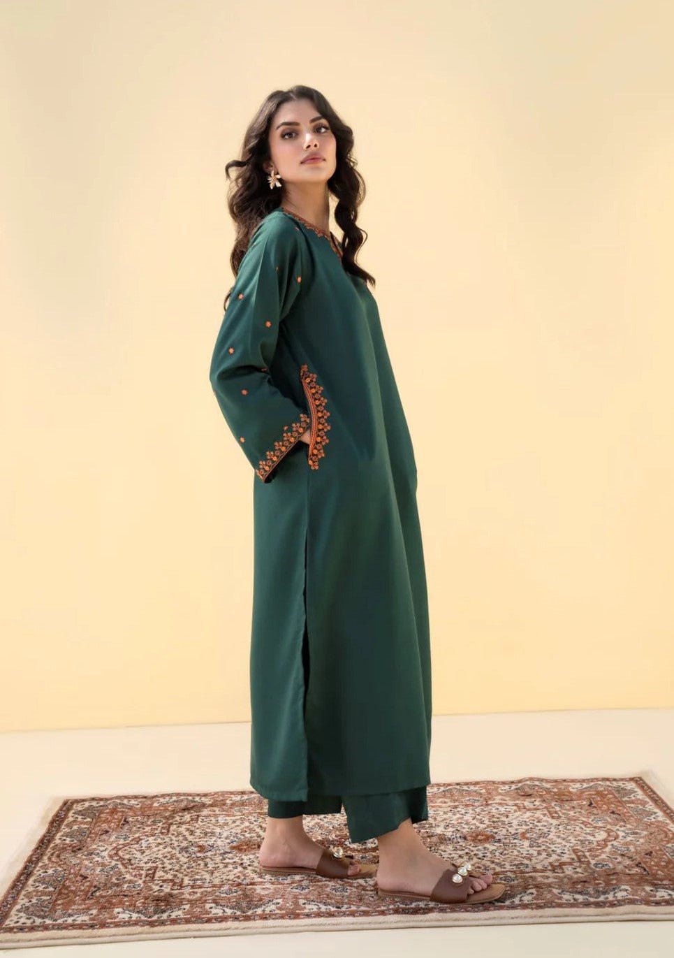 FOREST GREEN 2PCS Embroidered Stitched Dress Premium Linen.
