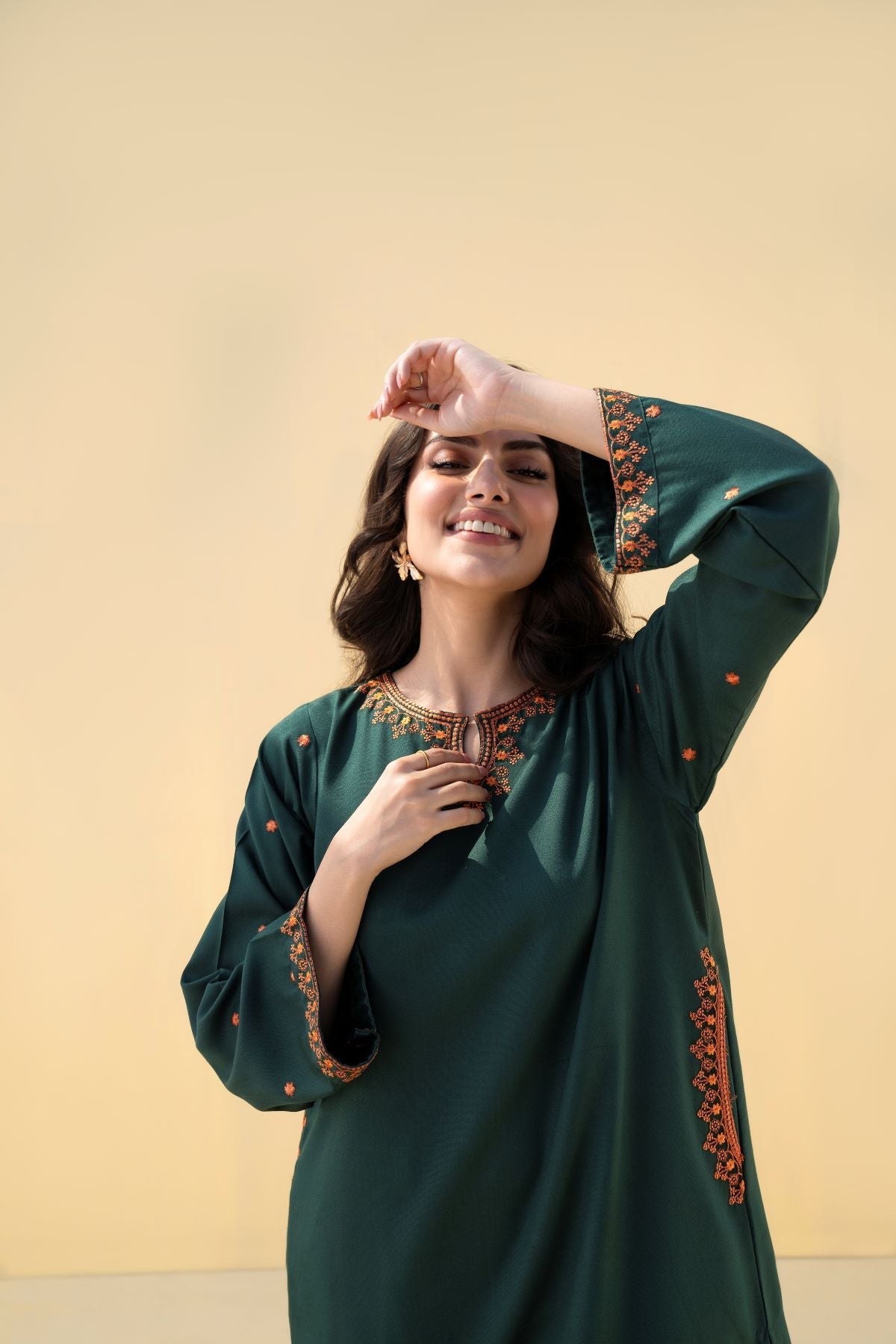 FOREST GREEN 2PCS Embroidered Stitched Dress Premium Linen.