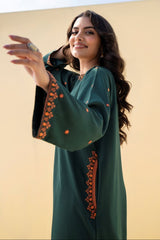 FOREST GREEN 2PCS Embroidered Stitched Dress Premium Linen.