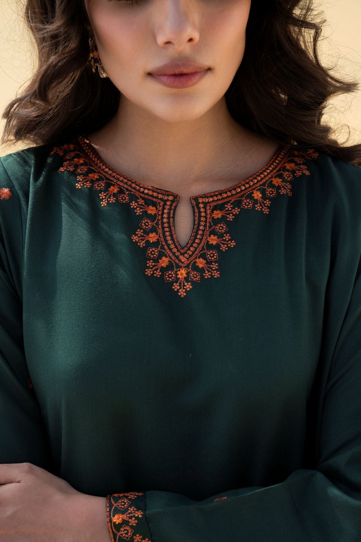 FOREST GREEN 2PCS Embroidered Stitched Dress Premium Linen.