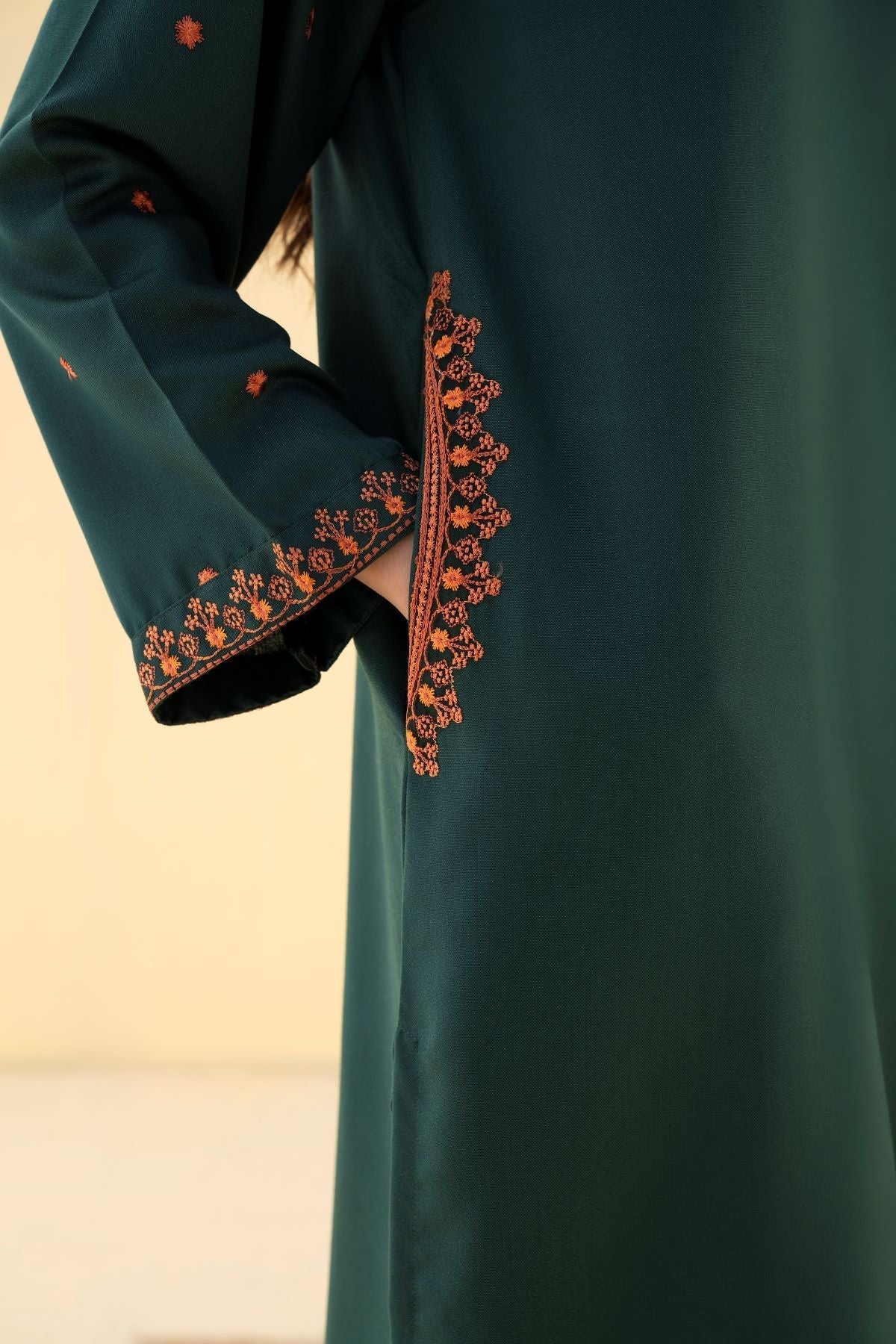 FOREST GREEN 2PCS Embroidered Stitched Dress Premium Linen.