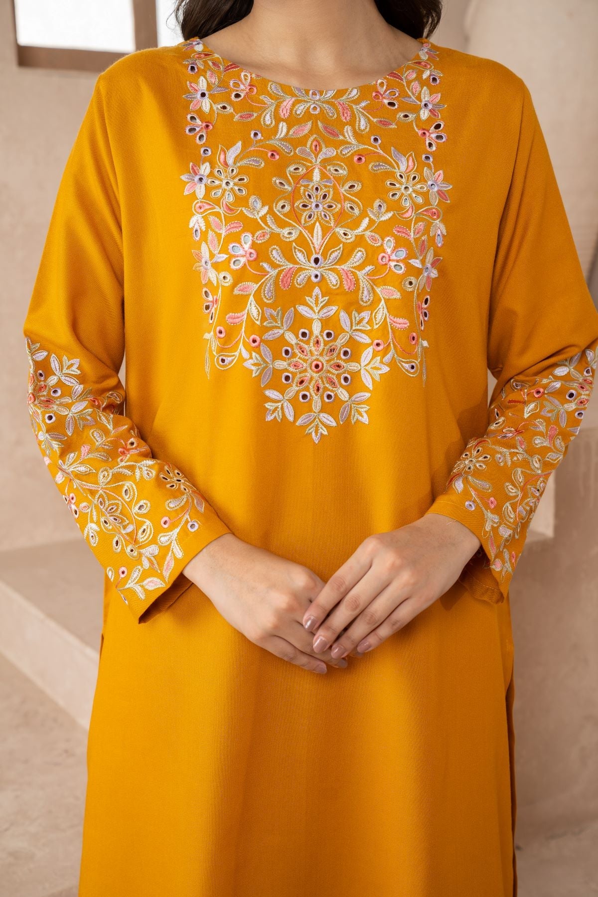 MUSTARD DUSKY BLOOM EMBROIDERED 2-PIECE Dress.