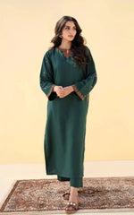 FOREST GREEN 2PCS Embroidered Stitched Dress Premium Linen.