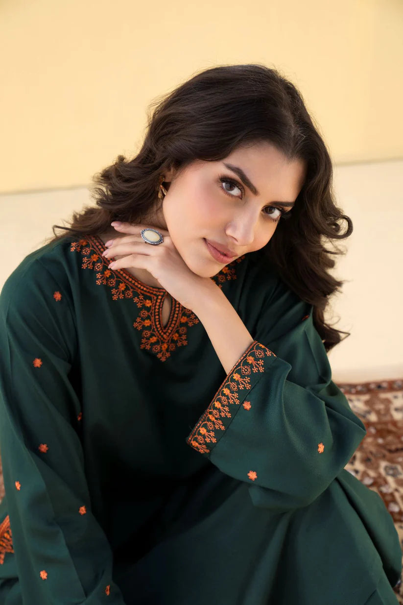 FOREST GREEN 2PCS Embroidered Stitched Dress Premium Linen.