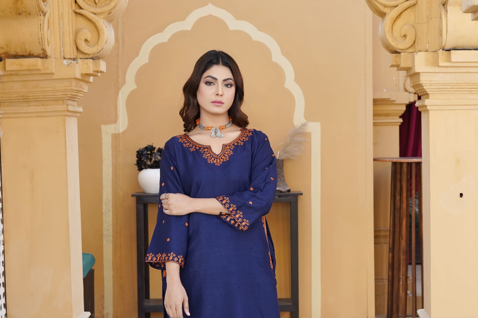 AFREEN POCKET Embroidered 2Pc Stitched Dress Premium Linen.