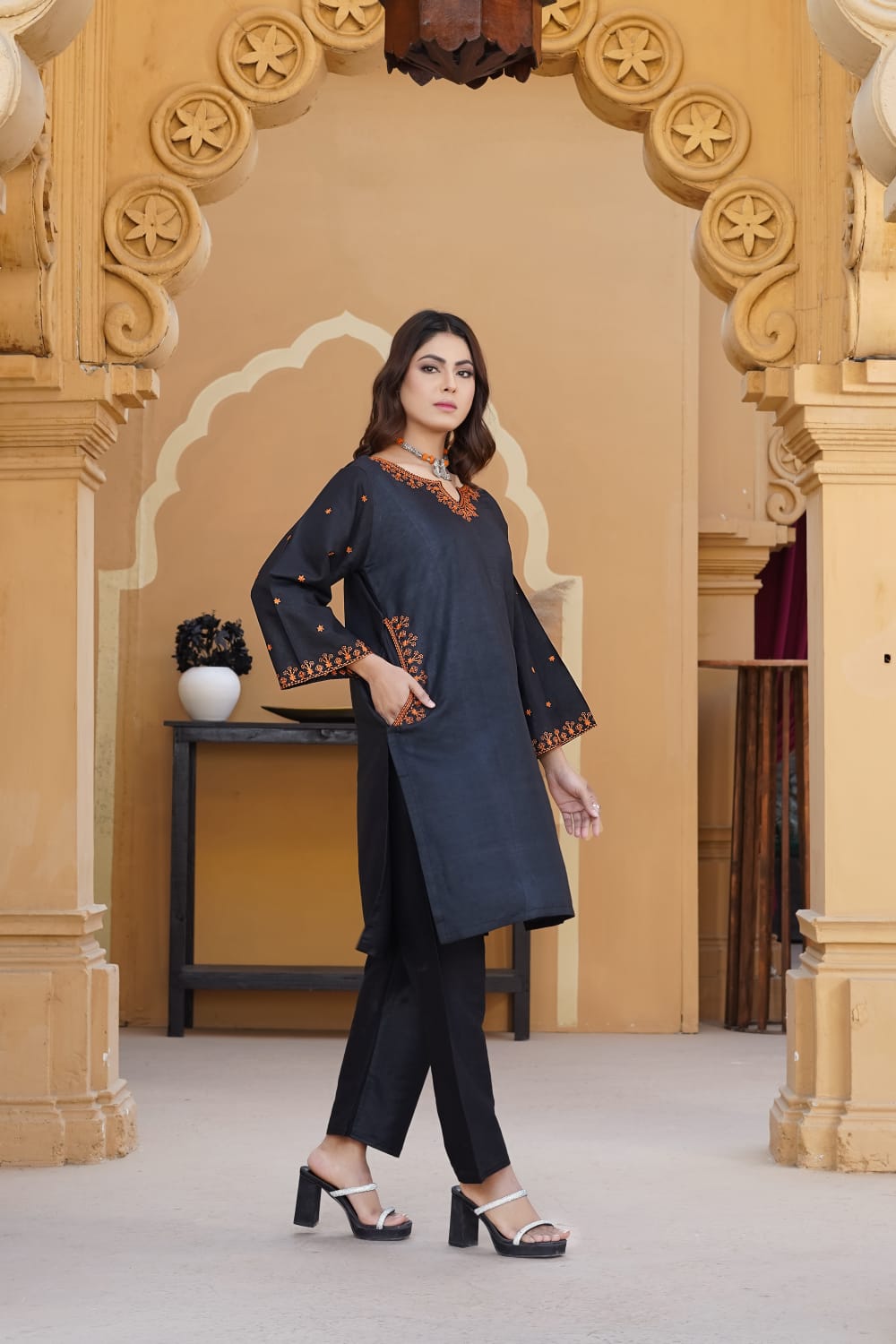 AFREEN POCKET Embroidered 2Pc Stitched Dress Premium Linen.