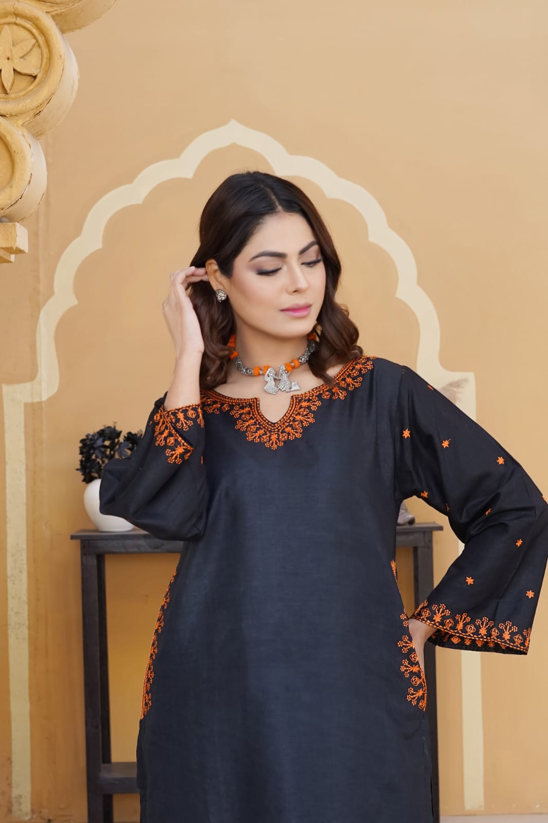 AFREEN POCKET Embroidered 2Pc Stitched Dress Premium Linen.