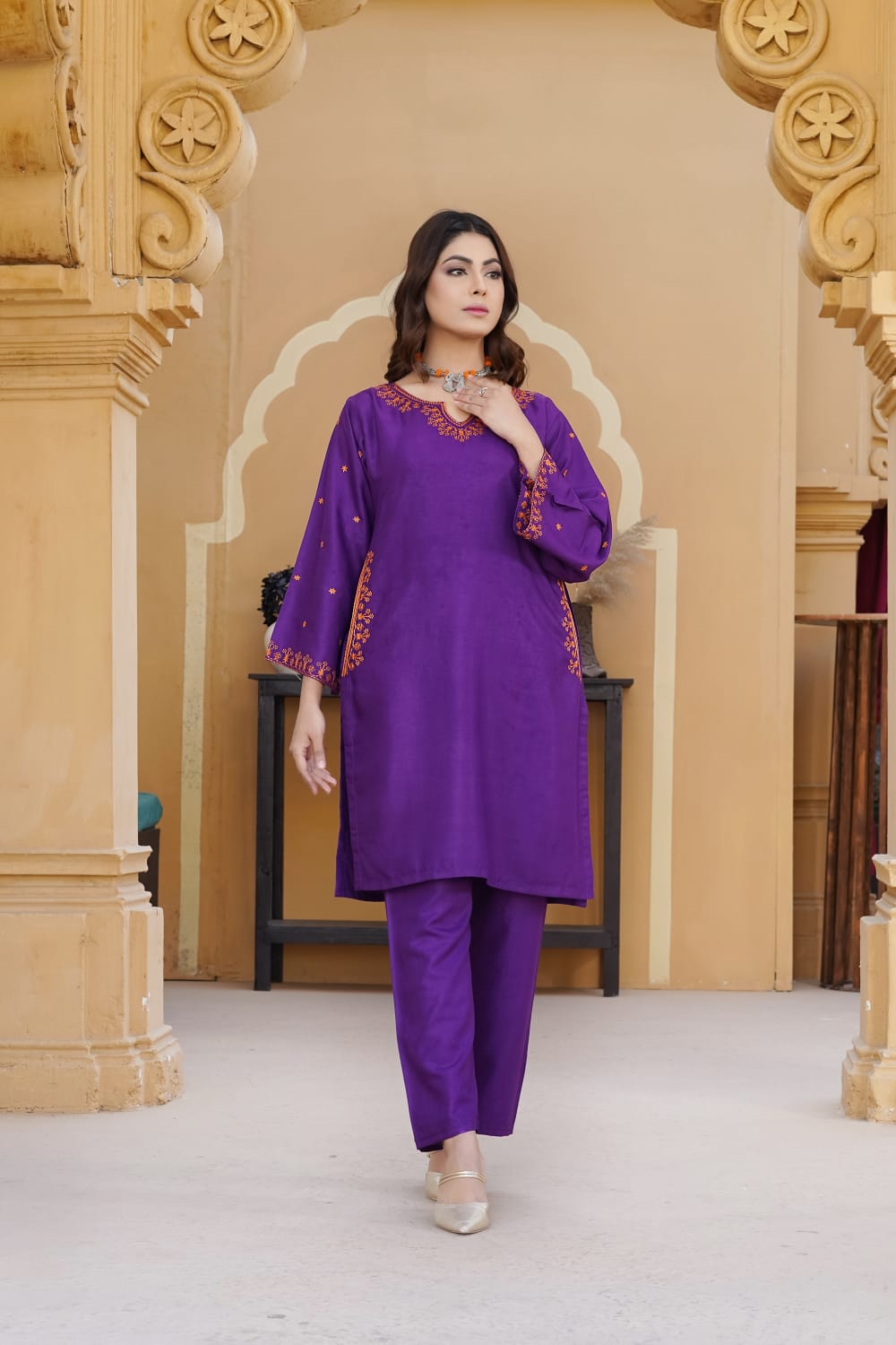 AFREEN POCKET Embroidered 2Pc Stitched Dress Premium Linen.