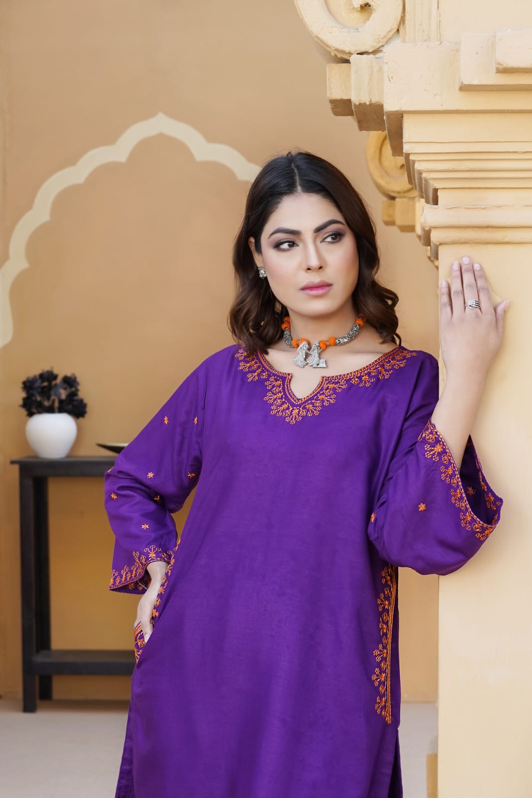 AFREEN POCKET Embroidered 2Pc Stitched Dress Premium Linen.