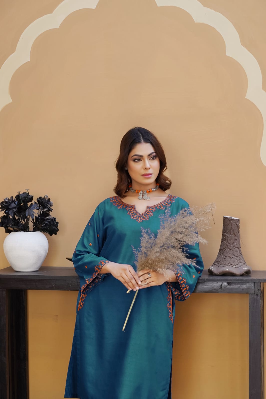 AFREEN POCKET Embroidered 2Pc Stitched Dress Premium Linen.
