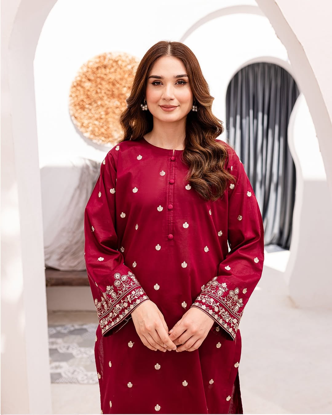 POP GARNET RED Embroidered 2Pc Stitched Dress Premium Dhanak.