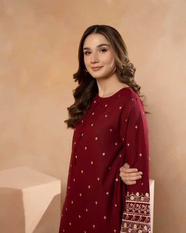 POP GARNET RED Embroidered 2Pc Stitched Dress Premium Dhanak.