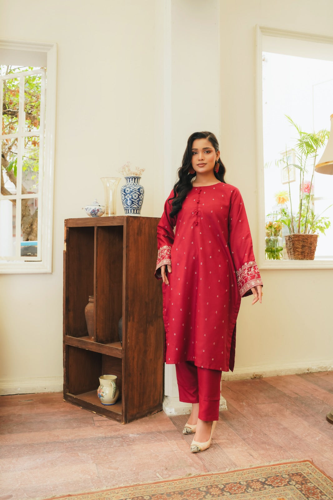 POP GARNET RED Embroidered 2Pc Stitched Dress Premium Dhanak.