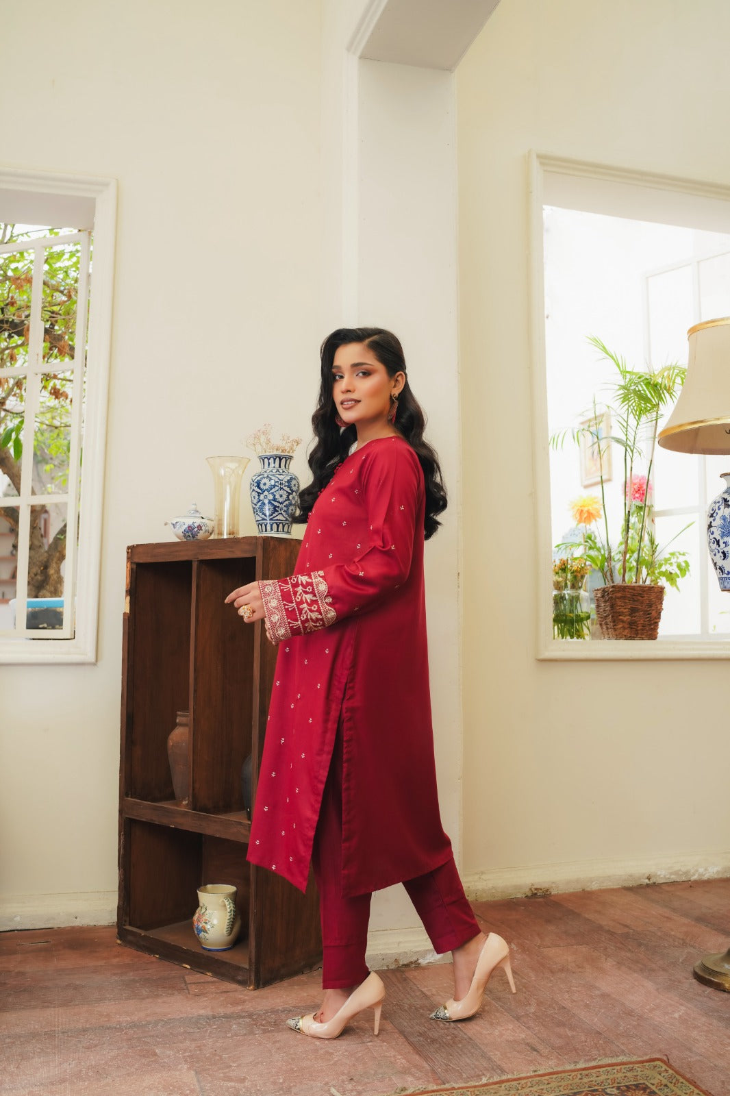 POP GARNET RED Embroidered 2Pc Stitched Dress Premium Dhanak.