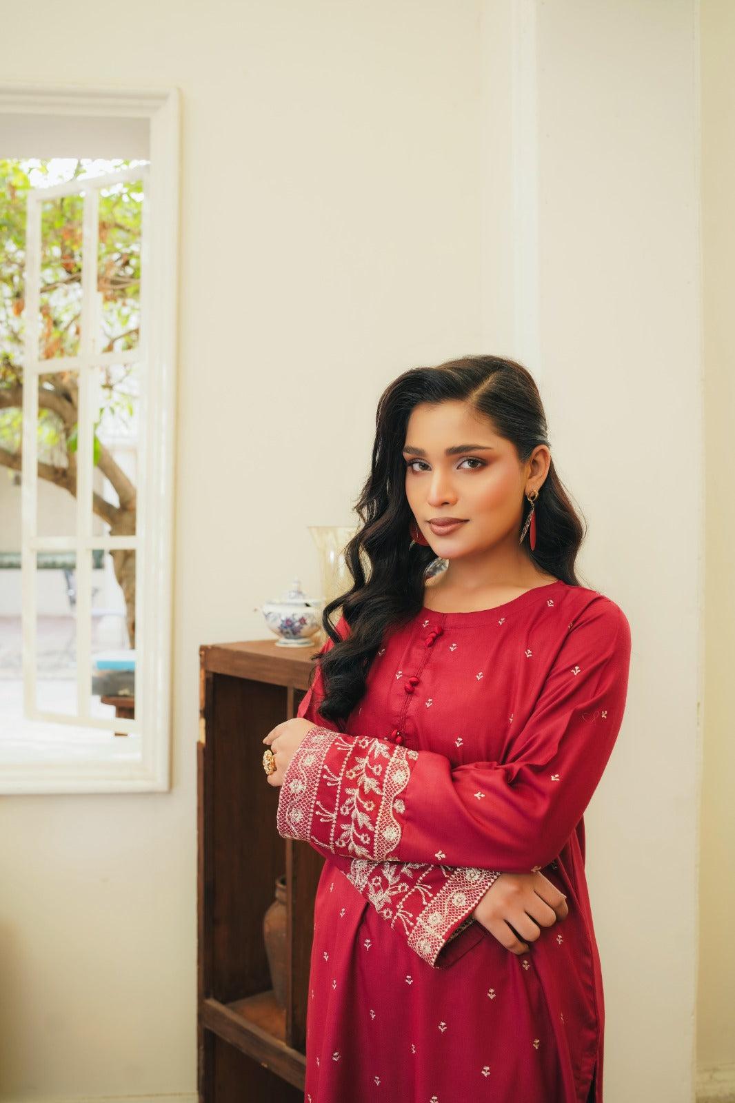POP GARNET RED Embroidered 2Pc Stitched Dress Premium Dhanak.