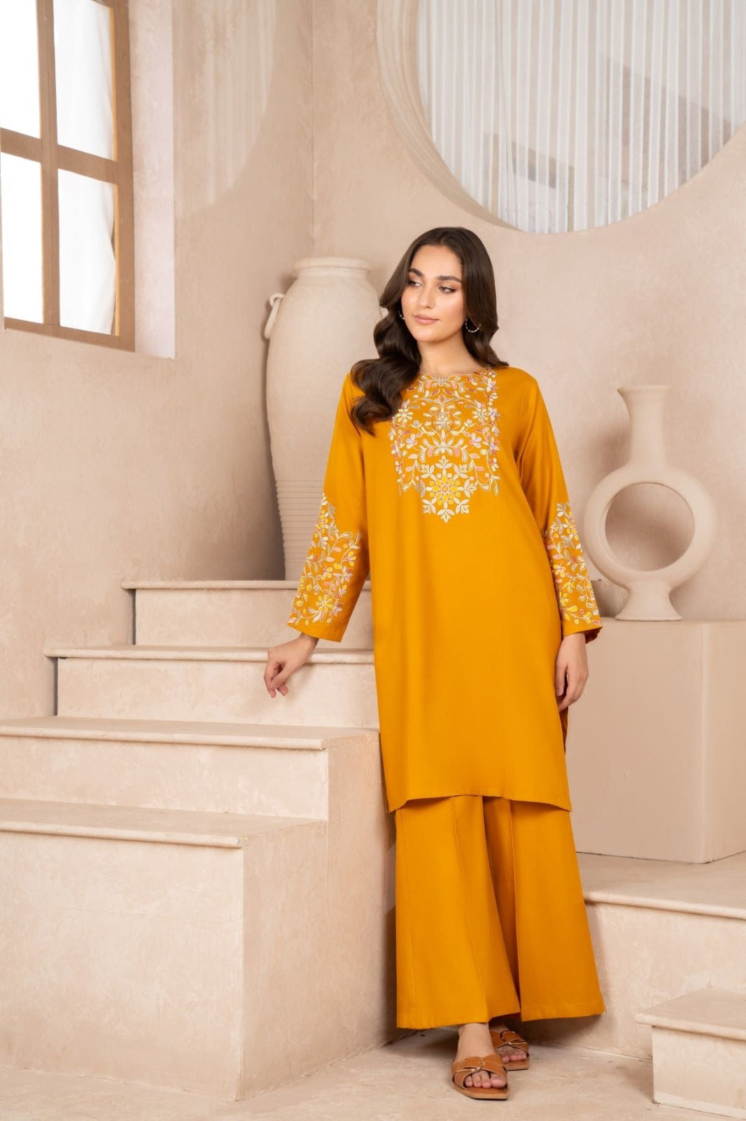 MUSTARD DUSKY BLOOM EMBROIDERED 2-PIECE Dress.
