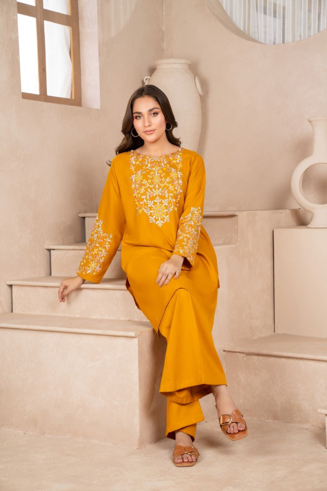 MUSTARD DUSKY BLOOM EMBROIDERED 2-PIECE Dress.