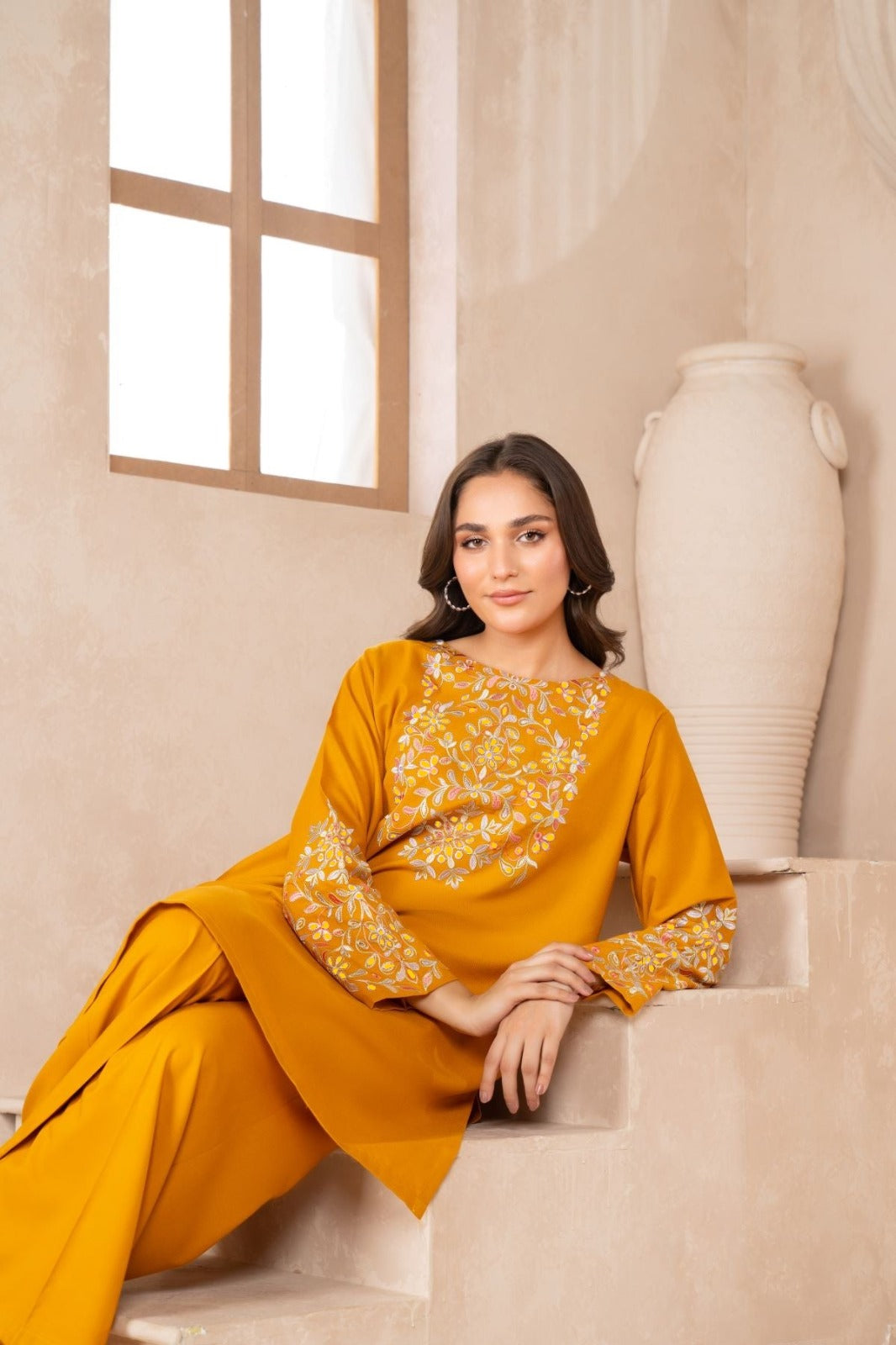 MUSTARD DUSKY BLOOM EMBROIDERED 2-PIECE Dress.