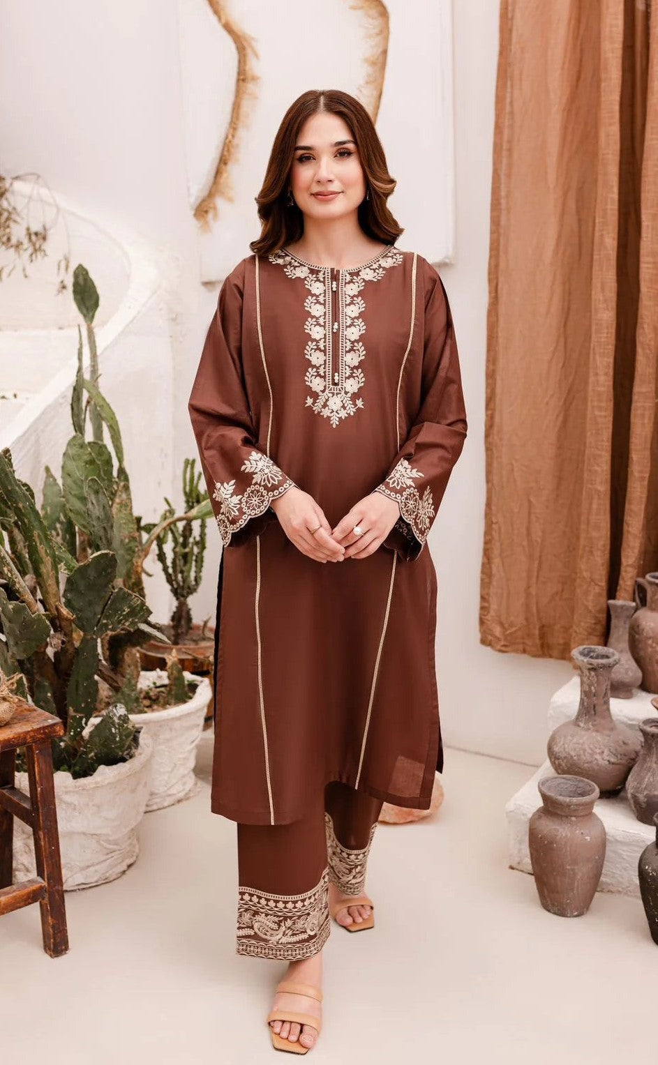 CHOCOLATE BROWN EMBROIDERED 2-PIECE Dress.